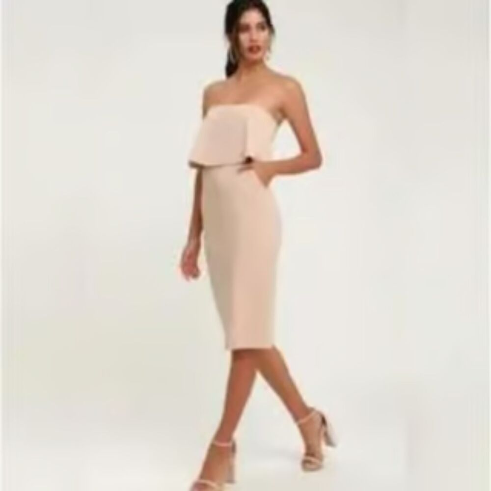 Lulu's Lots of Love Beige Strapless Flounce Midi Dress Pockets Wedding Cocktail